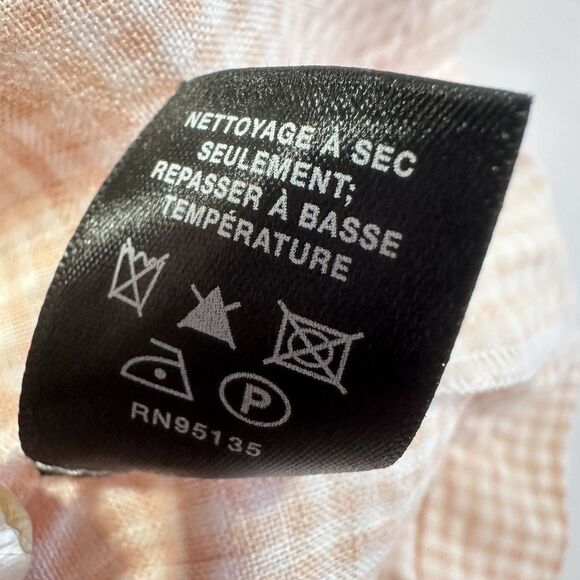 Lafayette 148 Linen Gingham Blouse Women’s Small Peach Check 3/4 Sleeve Bow Cuff - Picture 9 of 10